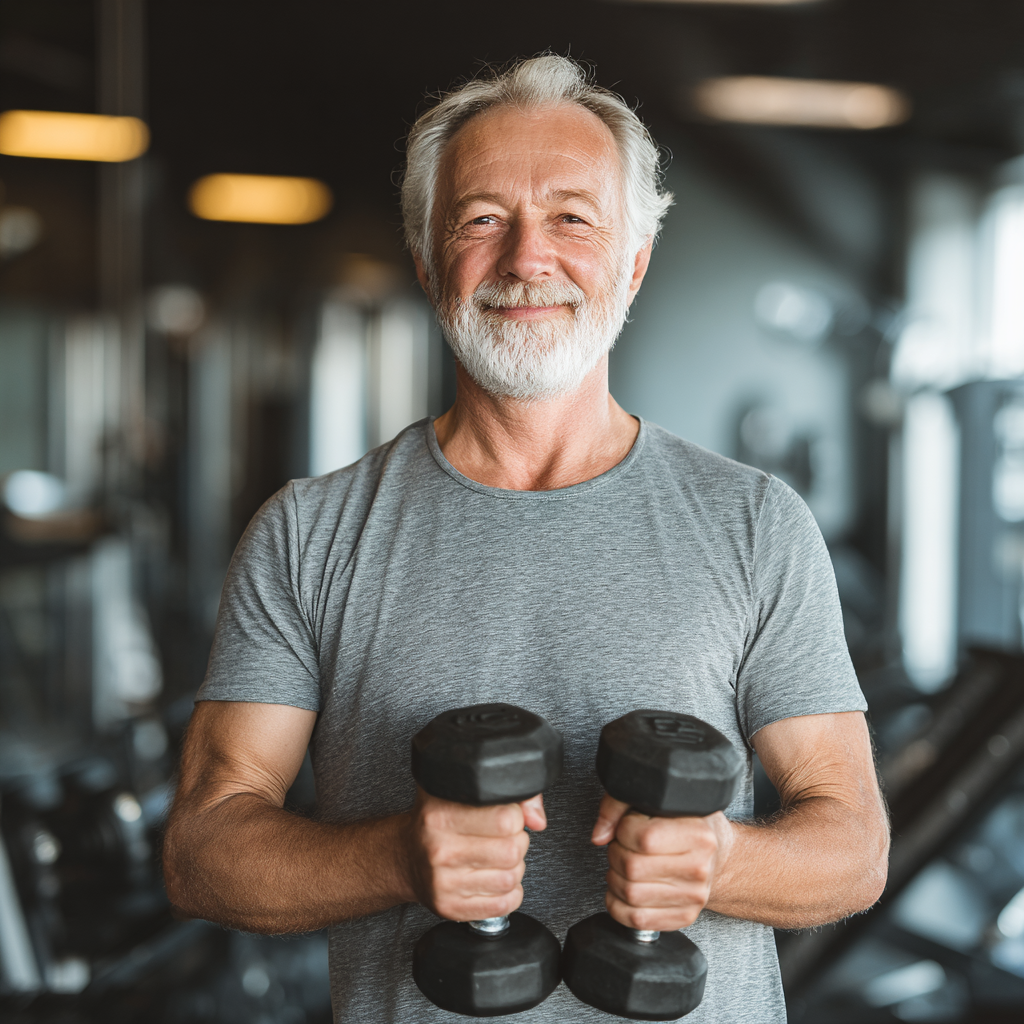 Confident elderly European man in fitness attire holding dumbbells in a modern gym setting, smiling with determination