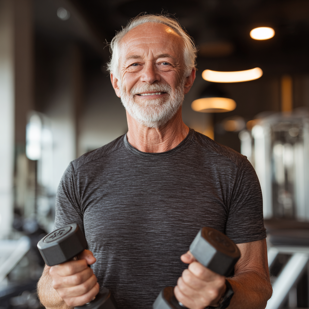 Elderly European woman in comfortable athletic wear stretching peacefully in a bright, airy fitness studio with yoga mats